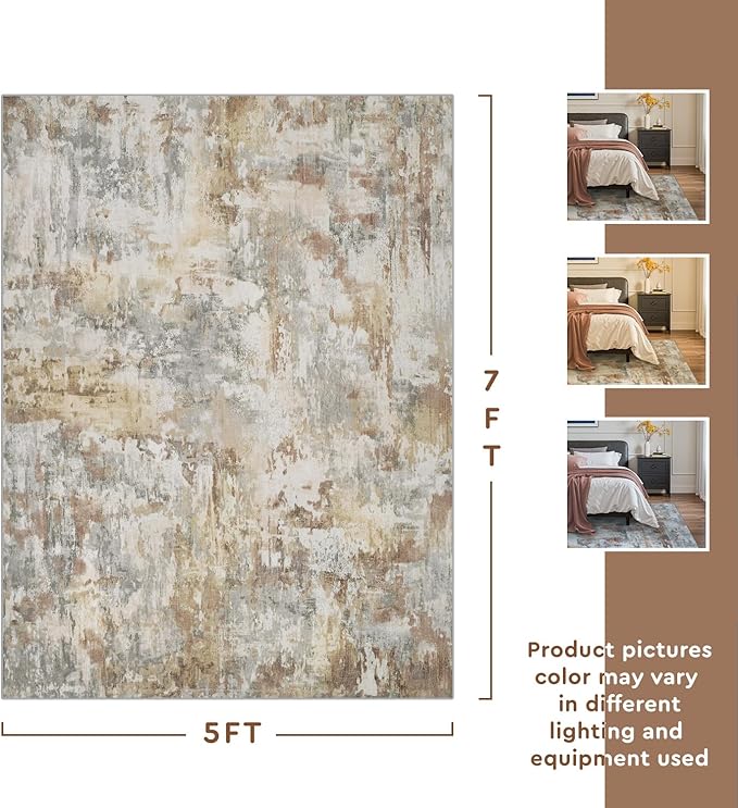 tchdio Area Rug 5x7 Rugs for Living Room- Abstract Soft Living Room Rug-Non Slip Carpet-Machine Washable Rug for Bedroom Dining Room Home Office Modern Rugs Light Grey/Brown/Beige