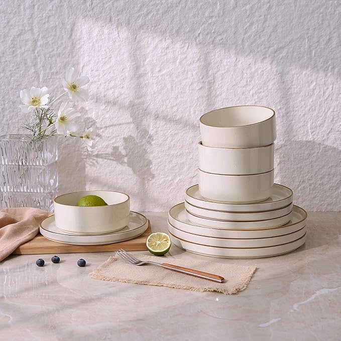 Famiware Nebula Plates and Bowls Sets for 4, 12 Pieces Stoneware Dinnerware Set, Microwave and Dishwasher Safe Dishes Set, Vanilla White with Brown Rim