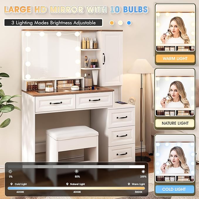 Vabches Makeup Vanity Desk with Lights and Mirror, Brown Vanity Table Set with Charging Station, Glass Top Vanity with RGB Lights, Large Mirror with 3 Lighting Modes, 5 Drawers & Cabinet, 40.7in(L)