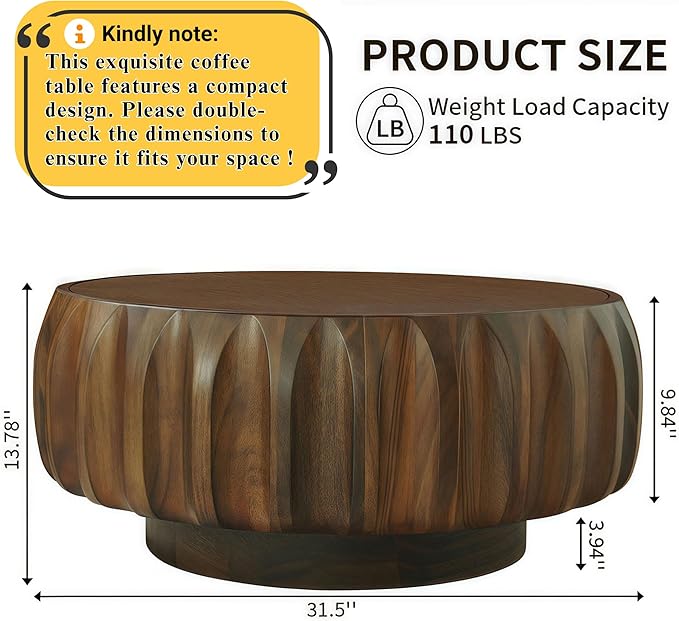 31.5" Round Walnut Coffee Table - Mid Century Modern Solid Wood Coffee Tables with Fluted Design for Living Room, Small Space, Apartment (Walnut)