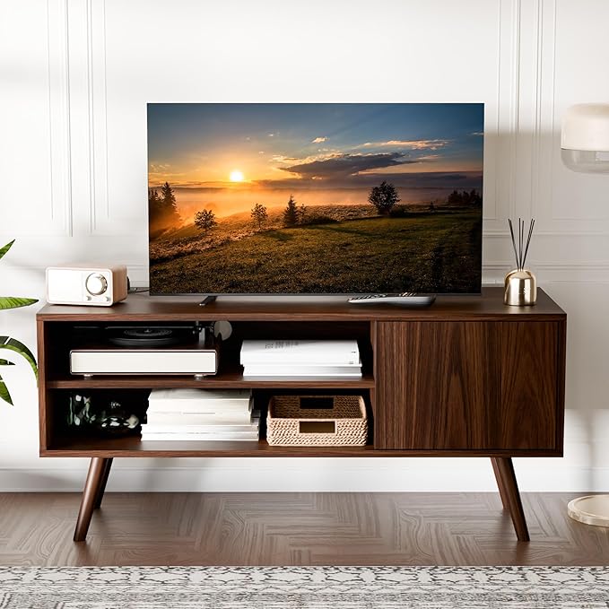 Cozy Castle TV Stand for 48 Inch TV, Mid Century Modern Entertainment Center with Storage Cabinet, TV Media Console for Living Room, Bedroom, Dark Brown