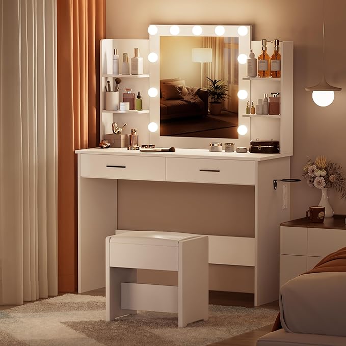 Vanity Desk with Mirror and Lights, 3-Color Lights Adjustable Brightness, White Vanity Makeup Desk with Drawer & Charging Station, Large Dressing Table Make Up for Bedroom