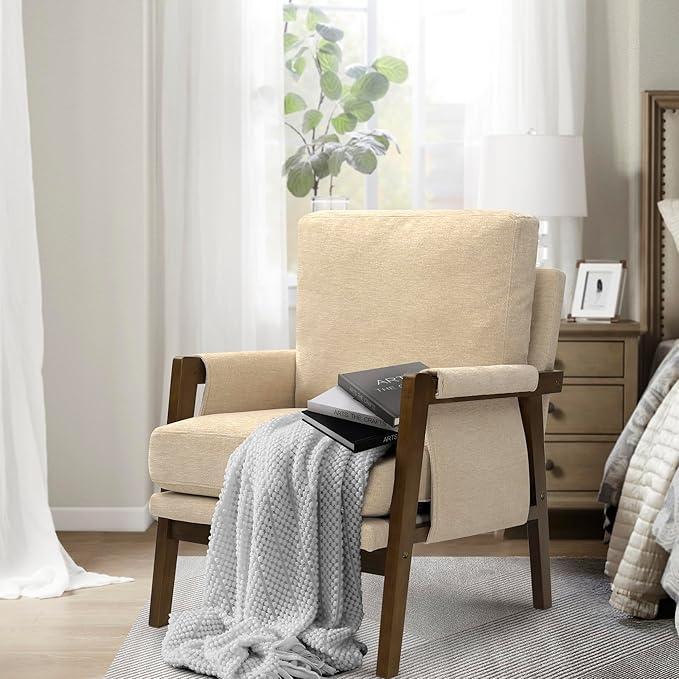 Modern Accent Chairs Set of 2 for Living Room Mid Century Arm Chairs Upholstered Bedroom Chairs Comfy Lounge Chairs with Solid Wood Frame, Beige