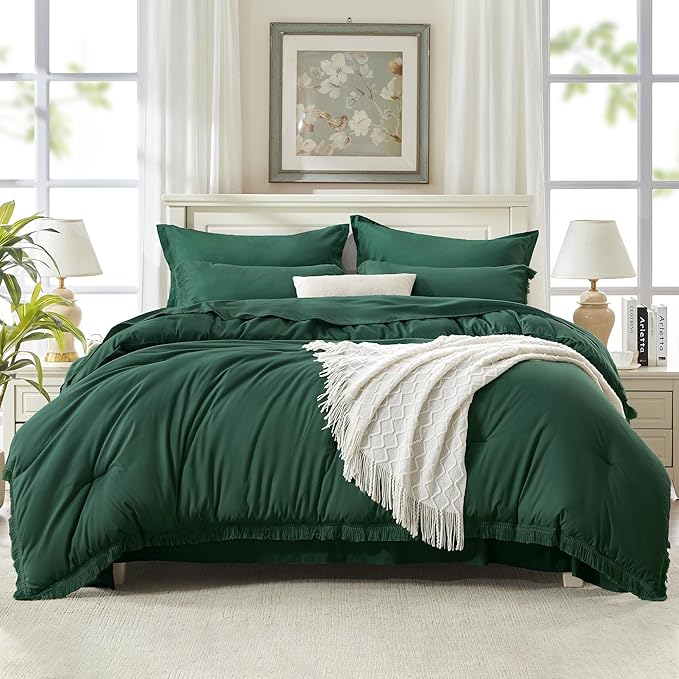 Andency King Size Comforter Set with Sheets Dark Emerald Green -7 Pieces Bed in a Bag Boho Tassel Bedding Sets, All Season Fringe Bed Set with Comforter, Sheets, Pillowcases & Shams