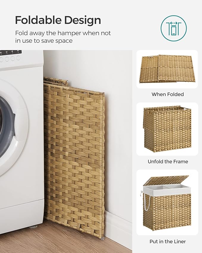 SONGMICS Laundry Hamper with Lid, 130L Clothes Hamper with 2 Removable Liner Bags, 6 Mesh Bags, Wicker Laundry Basket, Double Laundry Hamper for Bathroom, 13 x 26 x 23.6 Inches, Natural ULCB253N01