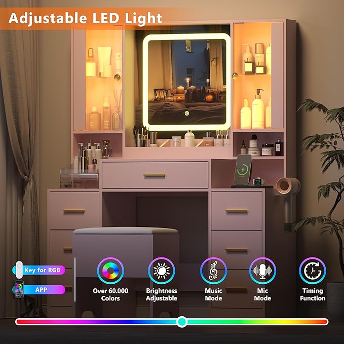 Pink Makeup Vanity Desk with Mirror & Lights, Modern Vanity Table with Charging Station, 7 Drawers, Glass Cabinet, Shelves & Cushioned Stool, Bedroom Dressing Table Set for Women & Girls