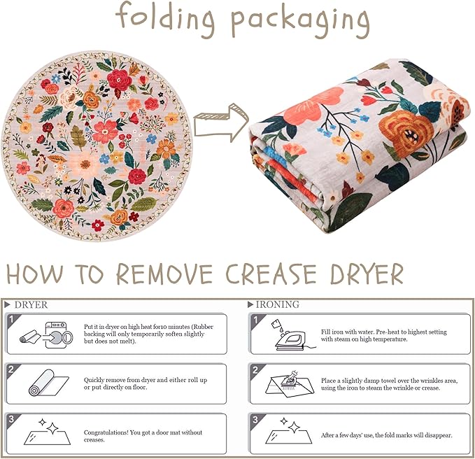 Round Rug 4ft Washable Circle Rug Non Slip Low Pile Boho Floral Small Circular Rug for Bedroom, Bathroom, Entryway, Kids Room, Office, College Dorm(Beige)