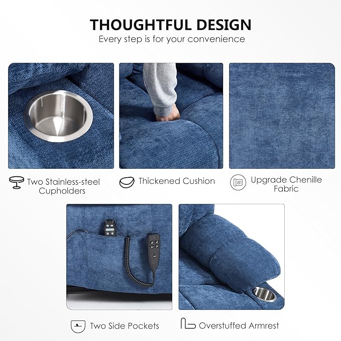 Oversized Recliner with Massage and Heating, Power Lift Chairs for Elderly, Extra Wide Recliner Chair for Living Room with Cup Holders, Dual Motor, Chenille Fabric - Dark Blue