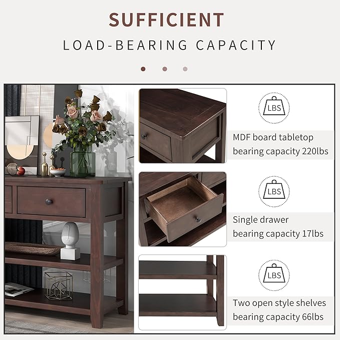 Knocbel Entryway Console Table with 3 Drawers and Open Shelves, Entry Hallway Foyer Sofa Long Table, 220lbs Weight Capacity, 50" L x 16" W x 30" H (Espresso)