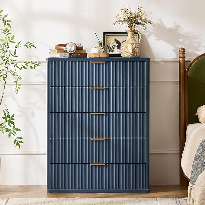 LEYAOYAO Fluted 5 Drawers Dresser for Bedroom Set of 2, 41" Tall Modern Chest of Drawers with Metal Handle, Curved Profile Design,Blue Wood Drawer Organizer for Bedroom, Living Room, Hallway
