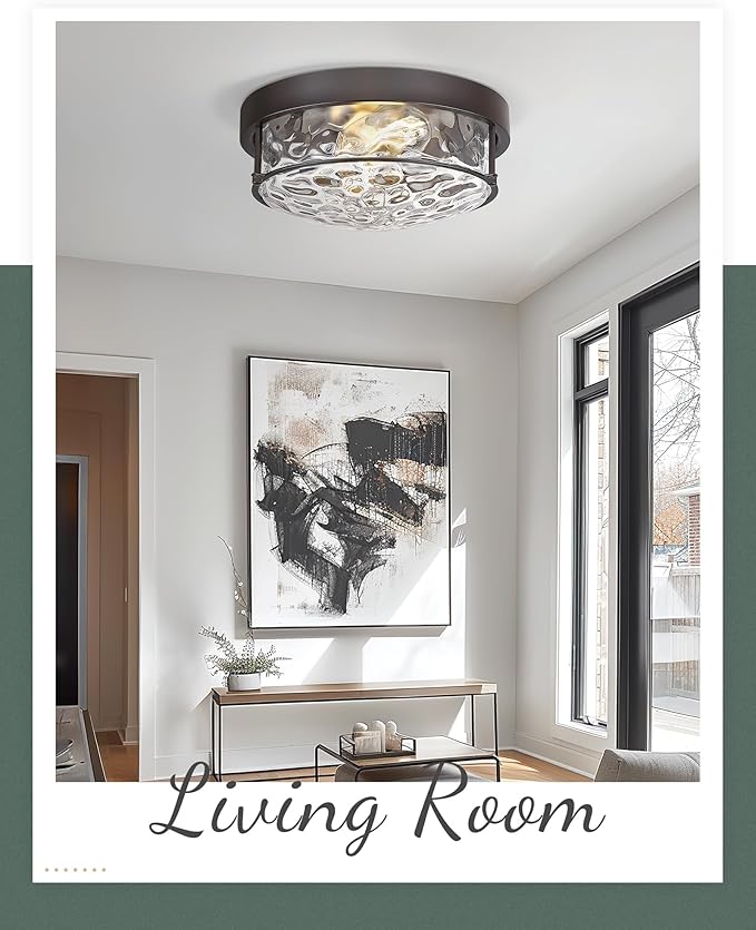 12-Inch Flush Mount Ceiling Light, Modern Farmhouse Style with Hammered Glass Shade, Oil Rubbed Bronze Finish, Ideal for Living Room, Bedroom, or Dining Room – Model CKCL4822-2W-HGORB