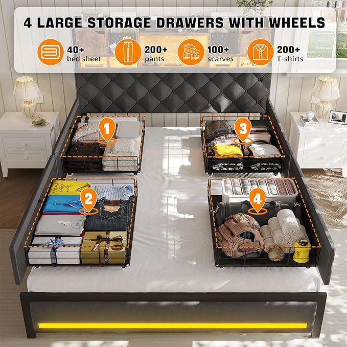 Queen Size Bed Framewith 4 Under-Bed Storage Drawers and LED Light, Queen Bed Frame with Upholstered Headboard and Charging Station,3-Tier Headboard and Hidden Storage Space,Gray