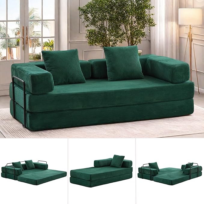 Convertible Sofa Bed, Compression Futon Sofa with Pillows & Armrest, Foldable Mattress Couch with Fixed-Shape Frame, Comfy Couch Lounge Sleeper Bed for Living Room Bedroom, Green