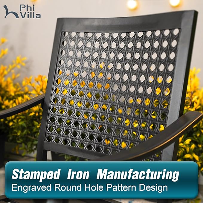 PHI VILLA 7 Pieces Outdoor Round Dining Set for 6, Large Wrought Iron Dining Table with Umbrella Hole & Stackable Metal Chairs, Dining Furniture Set for Patio, Deck, Yard, Porch