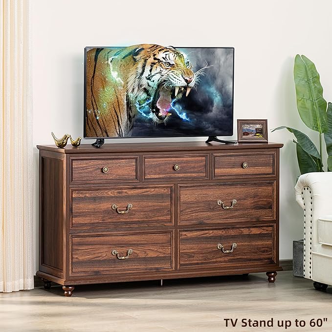 Farmhouse 54" 7 Drawers Dresser for Bedroom, Vintage Wood Chest of Drawers w/ 4 Wooden Legs, Wide Closet Storage Dressers Organizer for Hallway, Rustic Large TV Stand for Living Room, Brown