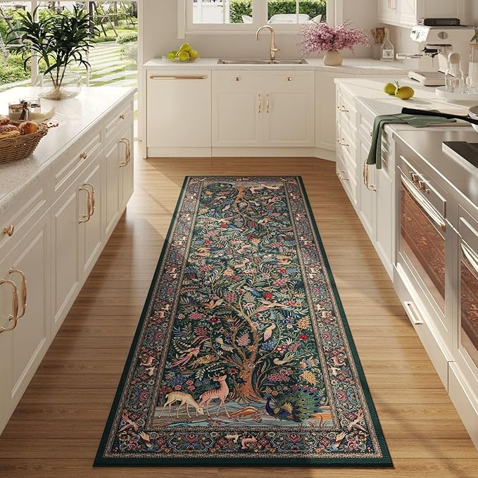 Runner Rug 2x6 Vibrant Tree of Life-Patterned Vintage Kitchen Rugs Non Slip Washable Soft Carpet Runner for Laundry Bedroom Bathroom, Green