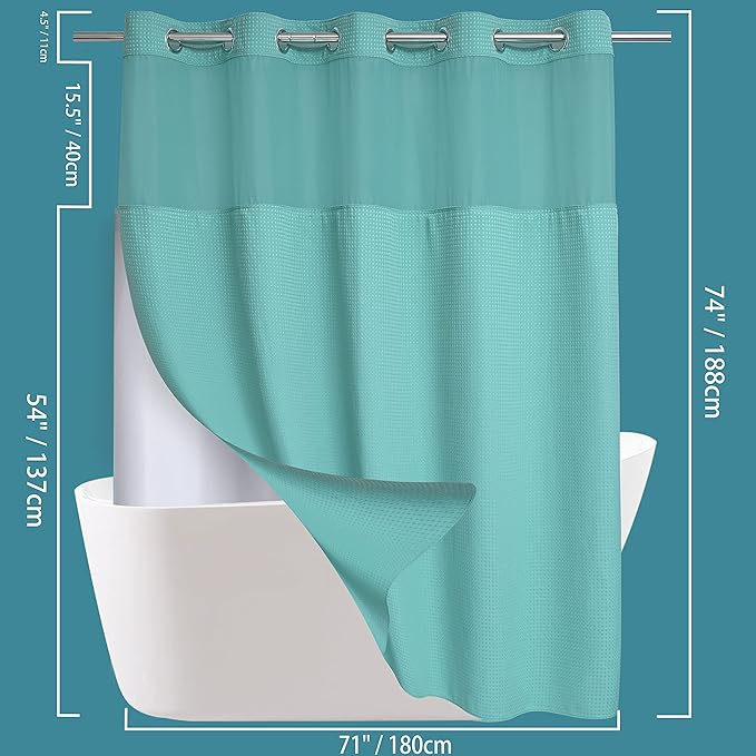 Conbo Mio No Hook Green Waffle Weave Shower Curtain with Snap in Liner Set, Hotel Luxury Shower Curtains for Bathroom with See Through Top Window, Waterproof, Washable 71W x 74H