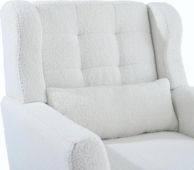 Accent Chair, Comfy Upholstered Living Room Chairs with High Tufted Backrest and Pillow, Wingback Reading Chair with Solid Wood Legs for Bedroom/Office,Teddy Fabric, White