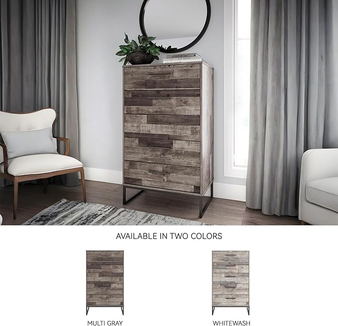 Signature Design by Ashley Neilsville Industrial 5 Drawer Chest of Drawers with Smooth-Gliding Drawers and Safety Stop, Gray