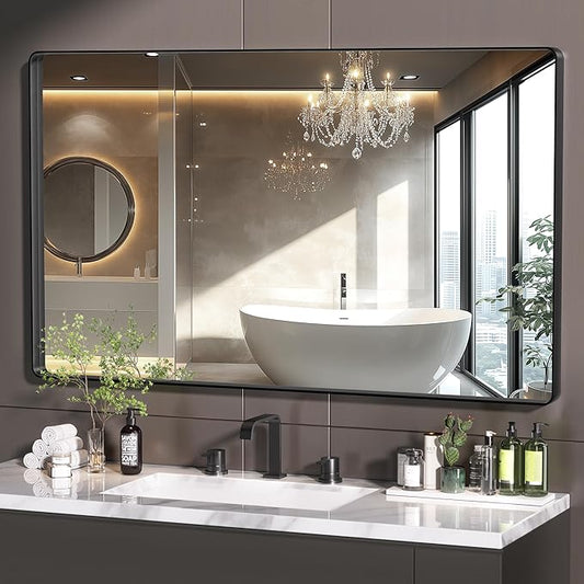Hasipu Black Bathroom Mirror for Wall, 60 x 36 Inch Metal Framed Bathroom Mirrors for Over Sink, Rectangle Bathroom Vanity Mirror, Anti-Rust, Tempered Glass, Horizontal or Vertical