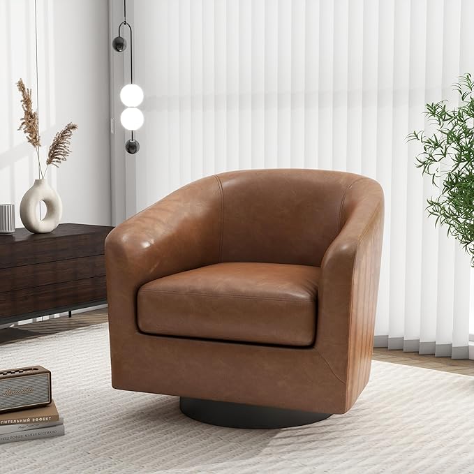Swivel Barrel Accent Chair, Modern Round Faux Leather Arm Chair for Living Room, Bedroom, Comfy Club Reading Chairs for Adults, Faux Leather Brown, Set of 2