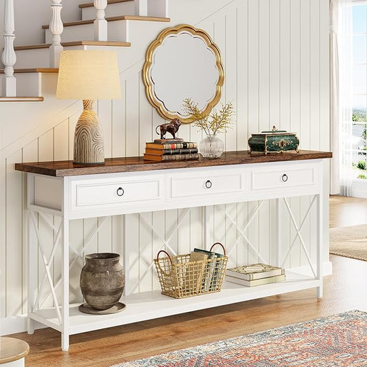 Tribesigns 70.8" Console Table with 3 Drawers, Farmhouse Entryway Table with Storage Shelf, Narrow Long Sofa Foyer Table for Entryway, Hallway (White/Brown)