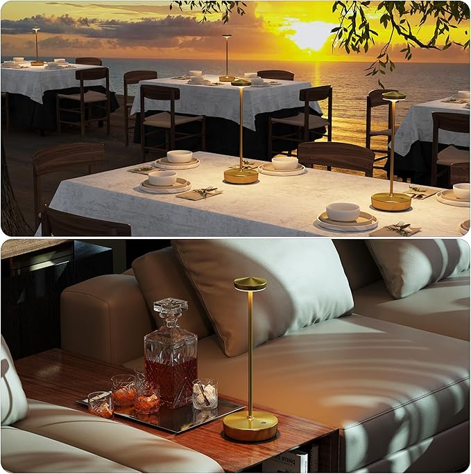 Cordless Table Lamp Rechargeable - LED Battery Table Light with 3 Color Temperatures, Stepless Dimming, Waterproof Aluminum for Indoor Outdoor, Patio, Restaurant, Dinner (Brushed Gold)