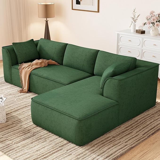 Vesgantti 106" Cloud Sectional Couch with Chaise, Deep Seat Modular Sectional Sofa Chenille Memory Foam Sofa Boneless Couches for Living Room Bedroom, No Assembly Required (Green, Right-Facing Chaise)