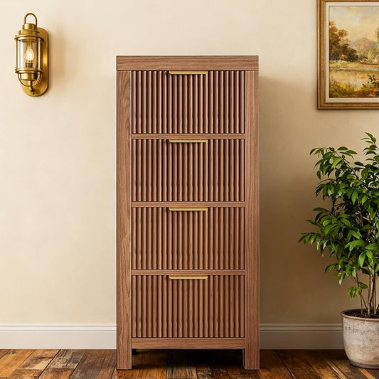 4-Drawer Modern Solid Wood Dresser with Fluted Front & Gold Handles, Multifunctional Tall Storage Chest, for Hallway, Entryway, Walnut Oak