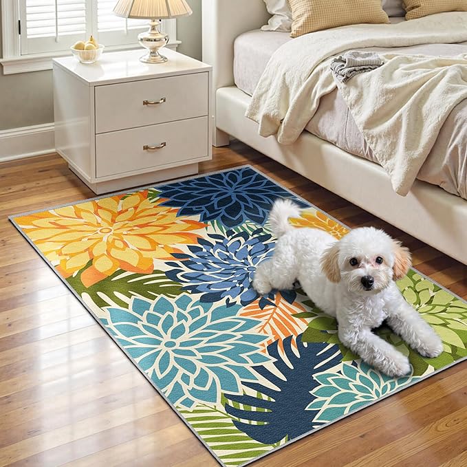 Area Rug 2x3 Yellow Green Washable Entry Small Rug Multicolored Tropical Botanical Modern Floral Indoor Kitchen Door Mat Entrance Carpet Non Slip for Bedroom Living Room, Porch