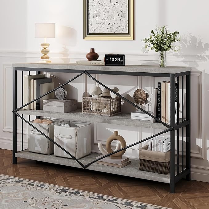 HSH Horizontal Bookshelf, Industrial Metal Wood Low Bookcase, Open 3 Tier Small Bookshelves with Storage for Living Room, Farmhouse Short Etagere Book Shelf for Office Bedroom, Light Grey Oak, 47 Inch