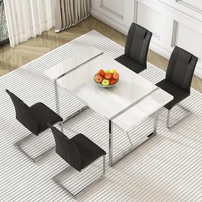 Modern Rectangular Dining Table Set, 55" Dinner Table with 4 PU Leather Upholstered Chairs for Kitchen or Dining Room