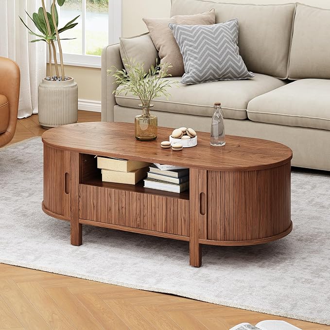 47.2 Inch Oval Coffee Table with Storage, Mid Century Modern Coffee Table with Drawer, Center Table with Sliding Door and Wood Fluted Handle for Living Room, Walnut