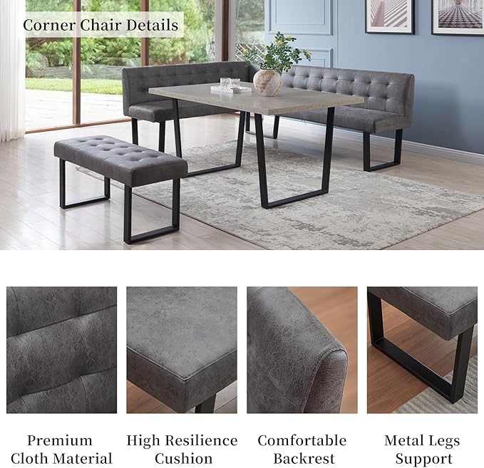 3 Piece Dining Table Set with Bench, 42.9 Inch Modern Kitchen Table with Right Seat Corner and 43.3 Inch Bench for Family Dining Room Furniture