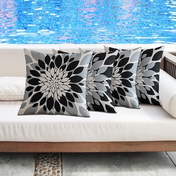 Qahing Pack of 4 Outdoor Waterproof Pillow Covers 20x20 Decorative Outdoor Throw Pillows Garden Square Cushion Cases for Patio Furniture, Couch, Tent Sunbrella, Bench, Black Grey