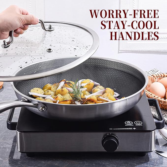 Inqibee 10 Inch Hybrid Tri-Ply Stainless Steel Sauté Pan,Non-stick Frying Pan with Lid,Skillet,Induction Chef's Pan,Heavy Duty and Oven Safe,Riveted Handle.