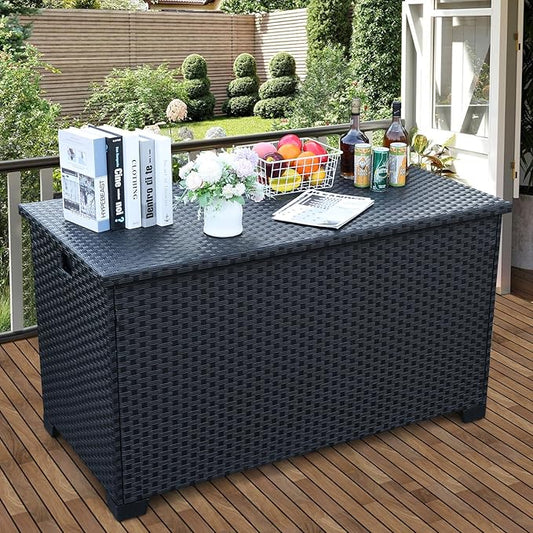 150 Gallon Patio Storage Bin with Waterproof Lining Bag Large Deck Storage Box Patio Storage Box Cushion Storage Bin Outdoor, Black Wicker