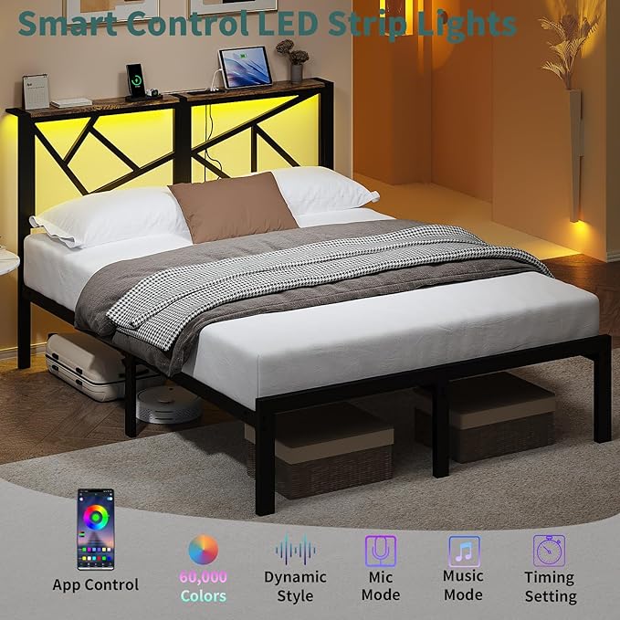 Full Size Black Metal Bed Frame with USB Charging Station, LED Ambient Lighting, and Wooden Storage Headboard - Includes Under-Bed Storage, No Box Spring Needed, Noise Free, Easy Assembly