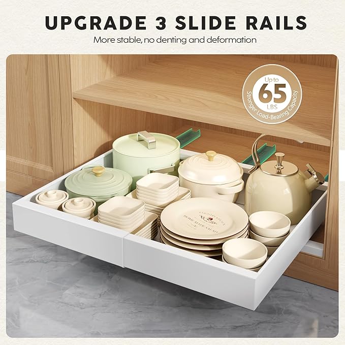 4Pack Expandable Pull Out Cabinet Organizer 21"Deep with Raising Pad for Framed Cabinets,Slide Out Drawers with 4pcs Divider Racks,Roll Out Shelves Adhesive,Adjustable Width 12.05"-20.4"White