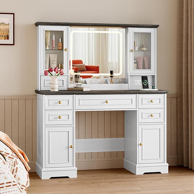 Vanity Desk with Lights, Large LED Mirror with 3 Color Modes, Makeup Vanity with Power Outlet & USB Ports, 6 Drawers & 2 RGB Glass Cabinets, Farmhouse Dressing Table for Women & Girls (White)