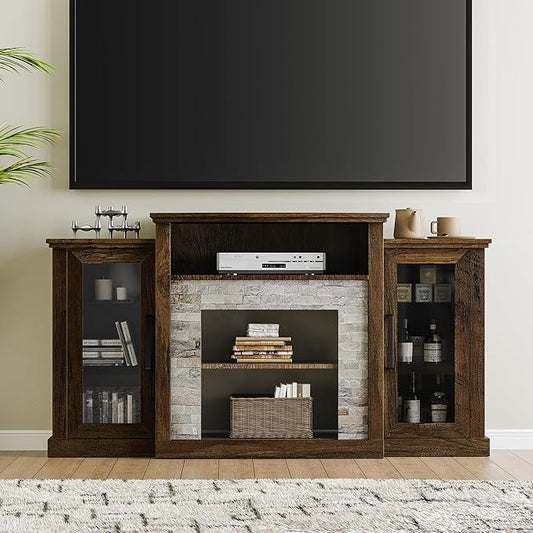 59 inch TV Stand, 32 inch Tall Entertainment Center with Printed Stone Texture, Farmhouse Console Table with Display Storage Cabinets for Living Room, Bedroom, Study, Rustic Brown