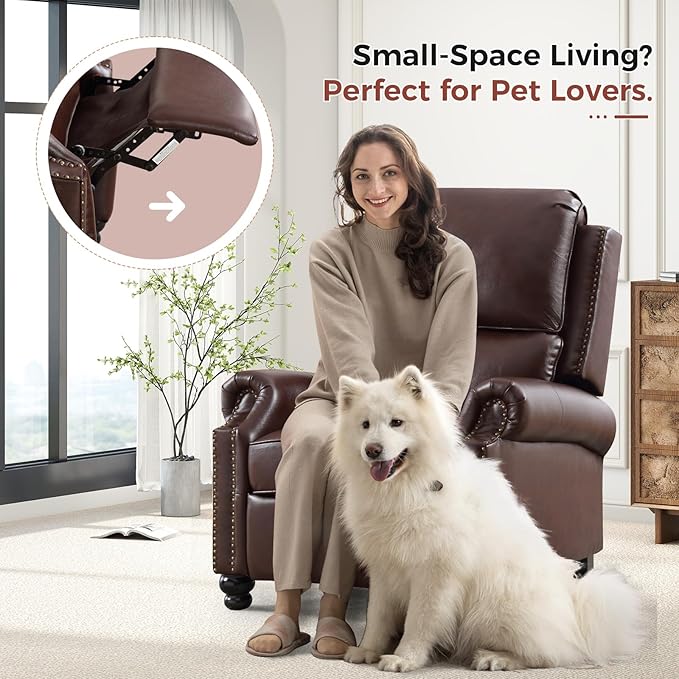 ANJ Push Back Recliner Chair, Textured Leather Overstuffed Wingback Recliner, Adjustable Pushback Chair with Padded Seat and Back, Single Reclining Sofa for Living Room, Bedroom(Dark Brown)