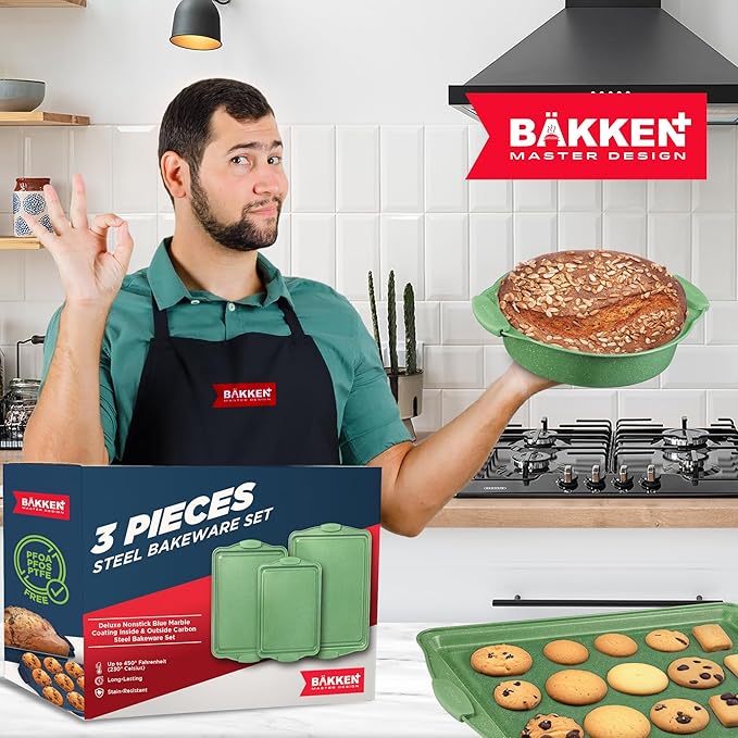 BAKKEN Kitchen Baking Pan Set - Nonstick Green Marble Coating, Carbon Steel Bakeware Sets with Green Silicone Handles, Kitchen Essentials, PFOA, PFOS, PTFE Free, Oven Safe (Up To 450° F), Set of 3