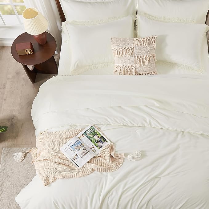 Andency California King Size Comforter Set with Sheets Ivory - 7 Pieces Cal King Bed in a Bag Boho Bedding Sets, Ivory Bed Set with Comforter, Sheets, Pillowcases & Shams