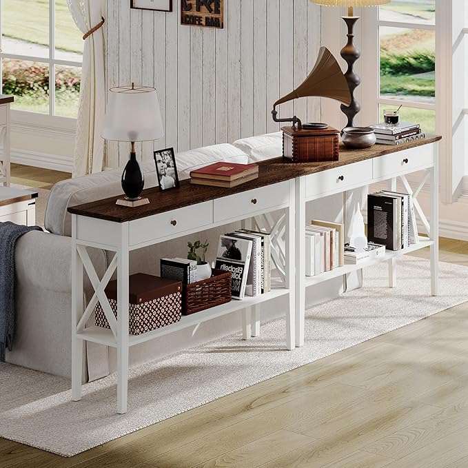 ChooChoo Farmhouse Console Table with Drawers, Narrow Wood Accent Sofa Table Entryway Table with Storage Shelf for Entryway, Front Hall, Hallway, Living Room, Antique White & Brown