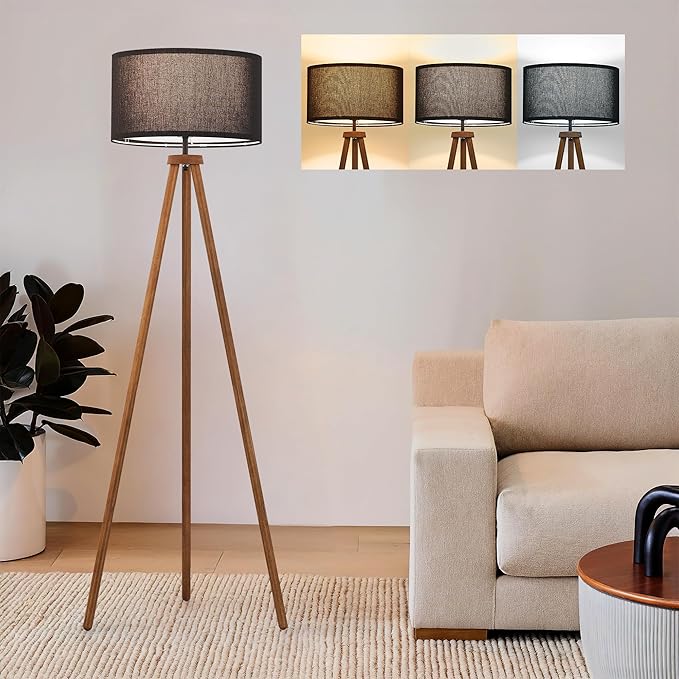 ELYONA Wood Tripod Floor Lamp, Modern Standing Lamp with Black Drum Linen Shade & 3 Color Temperatures LED Bulb, Industrial Tall Reading Lamp for Office Living Room Bedroom, ETL Listed Walnut & Black