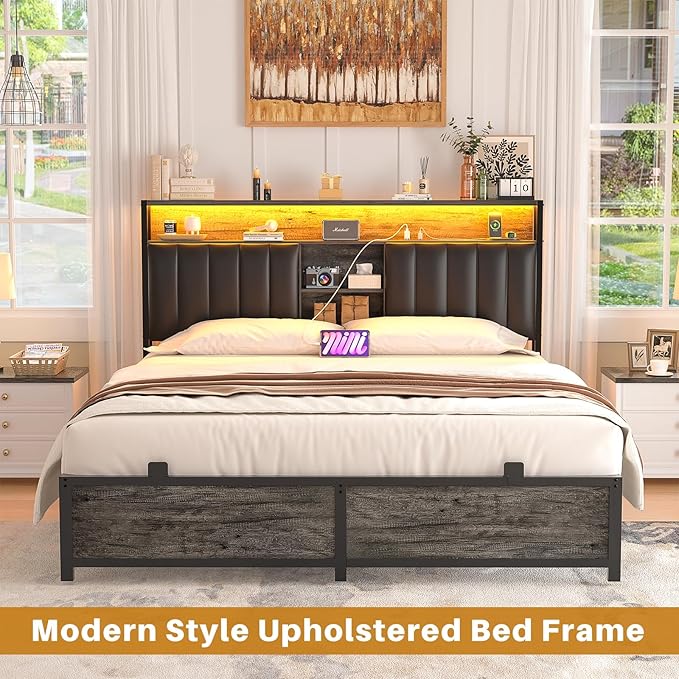 Aheaplus Queen Size Bed Frame with Charging Station & Led Lights, Platform Bed with Leather Upholstered Headboard and Storage, Metal Slats Support No Box Spring Needed, Noise-Free, B6, Black