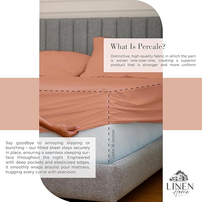 Linen Home 100% Cotton Percale Sheets King Size, Tera Clay, Deep Pocket, 4 Pieces Set - 1 Flat, 1 Deep Pocket Fitted Sheet and 2 Pillowcases, Crisp Cool and Strong Bed Linen
