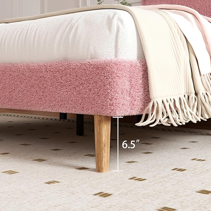 Full Size Boucle Platform Bed Frame, Anti-Collision Soft Rounded Corners, Adjustable Headboard, No Box Spring Needed, Easy Assembly, Noise Free, Pink