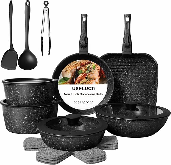 20 Pcs Pots and Pans Set Non Stick, Ceramic Cookware Set Detachable Handle, RV Kitchen Cooking Set Removeable Handles, Oven Safe, Induction Ready, Stackable Non-stick, Black